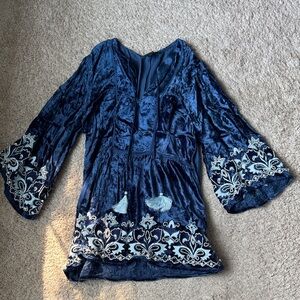 Blue Velvet Tunic with Embroidered Details